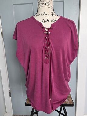 White House Black Market Magenta Lace Up Dolman Sleeve Top M Boho Utility WHBM
